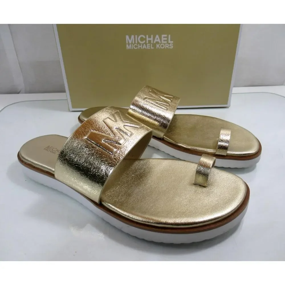 Michael Kors Rosa Metallic Slide Toe Ring Flat Sandal MK Logo Pale Gold Size 8.5
